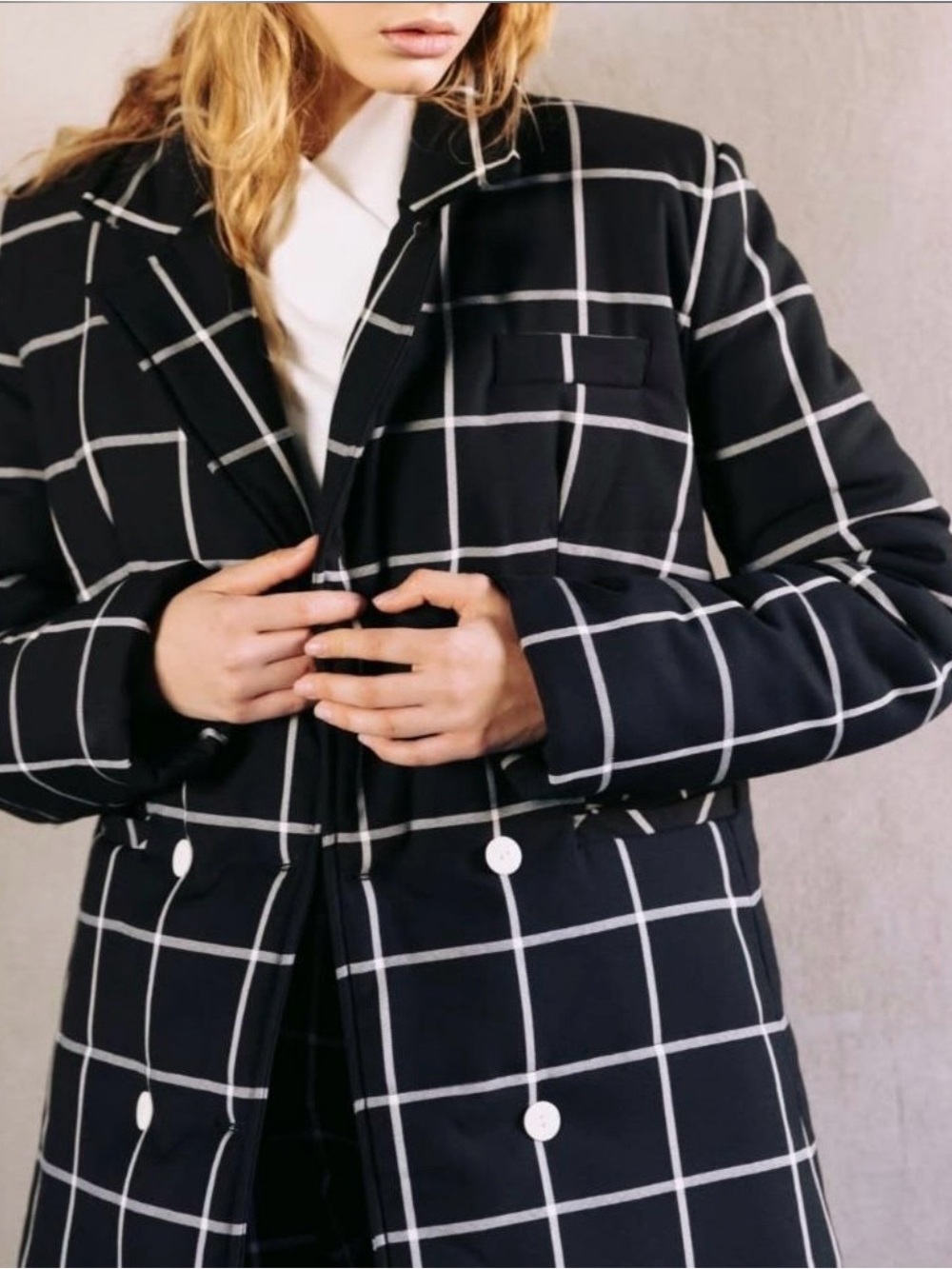 Windowpane Double-Breasted Puffer Coat in Black